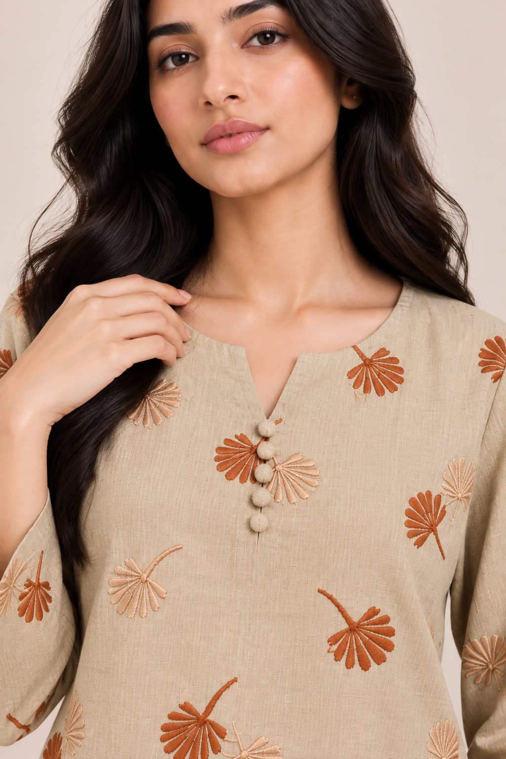 Women’s Beige Floral Embroidery Casual Kurti D92
