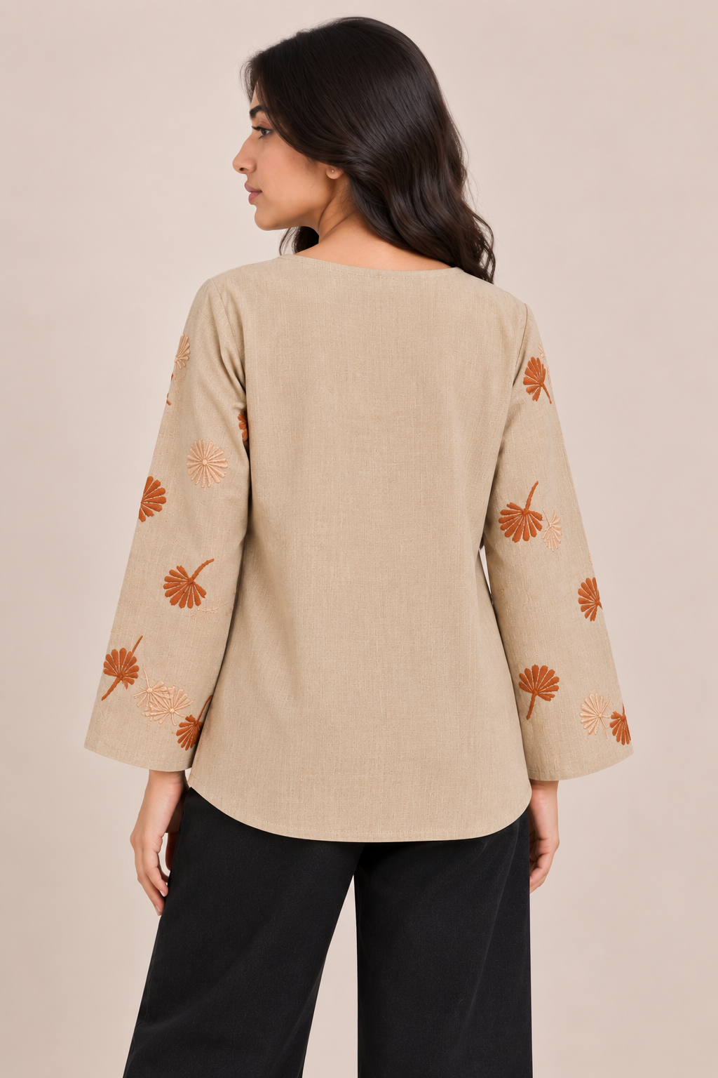 Women’s Beige Floral Embroidery Casual Kurti D92