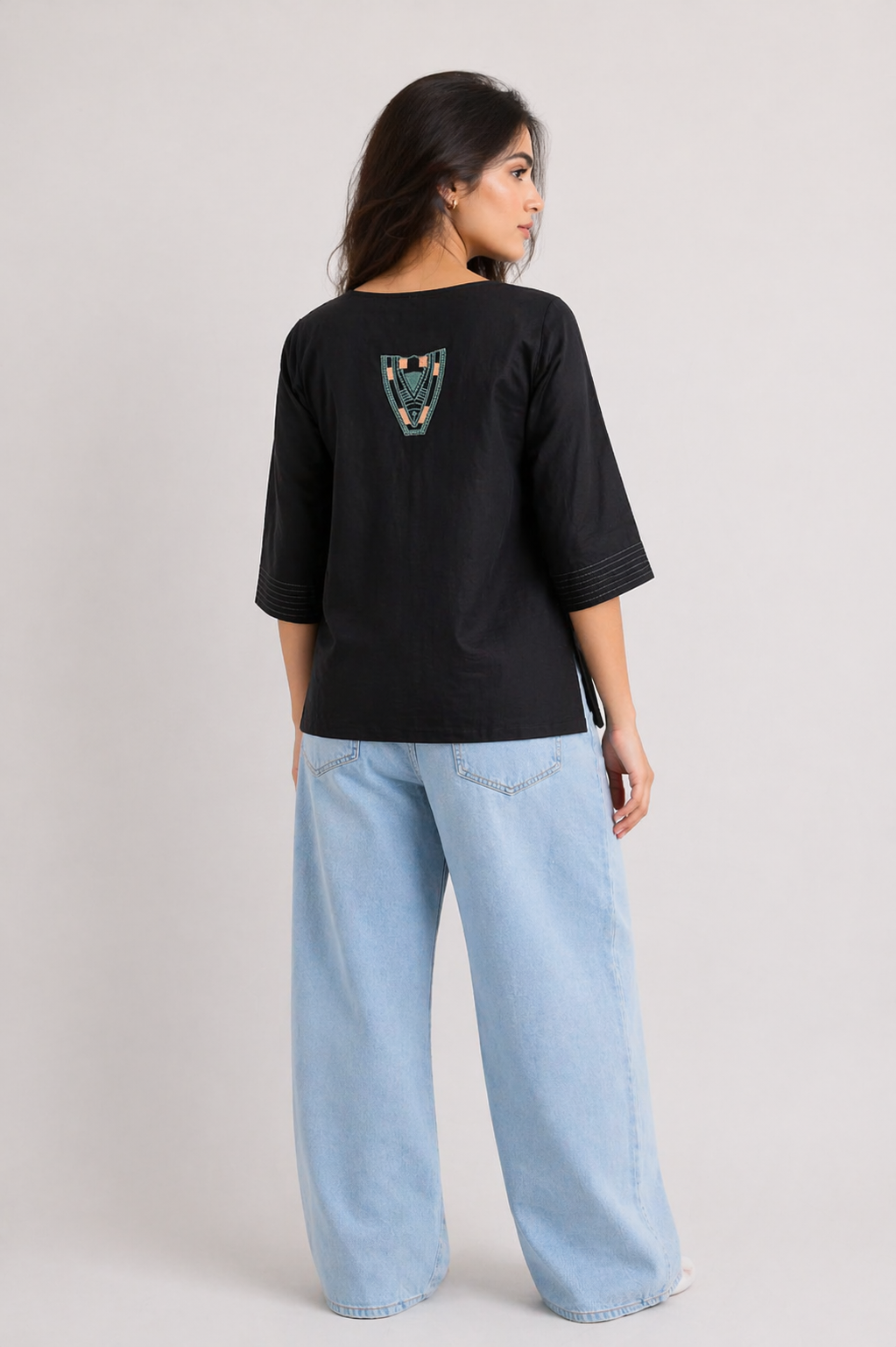 Everyday Casual Black Tunic with Colorful Yoke Embroidery D54