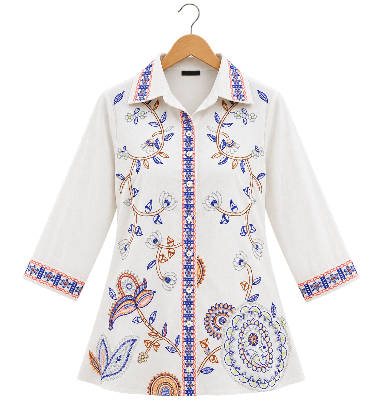 Floral Embroidered Front Button-Up Shirt D82
