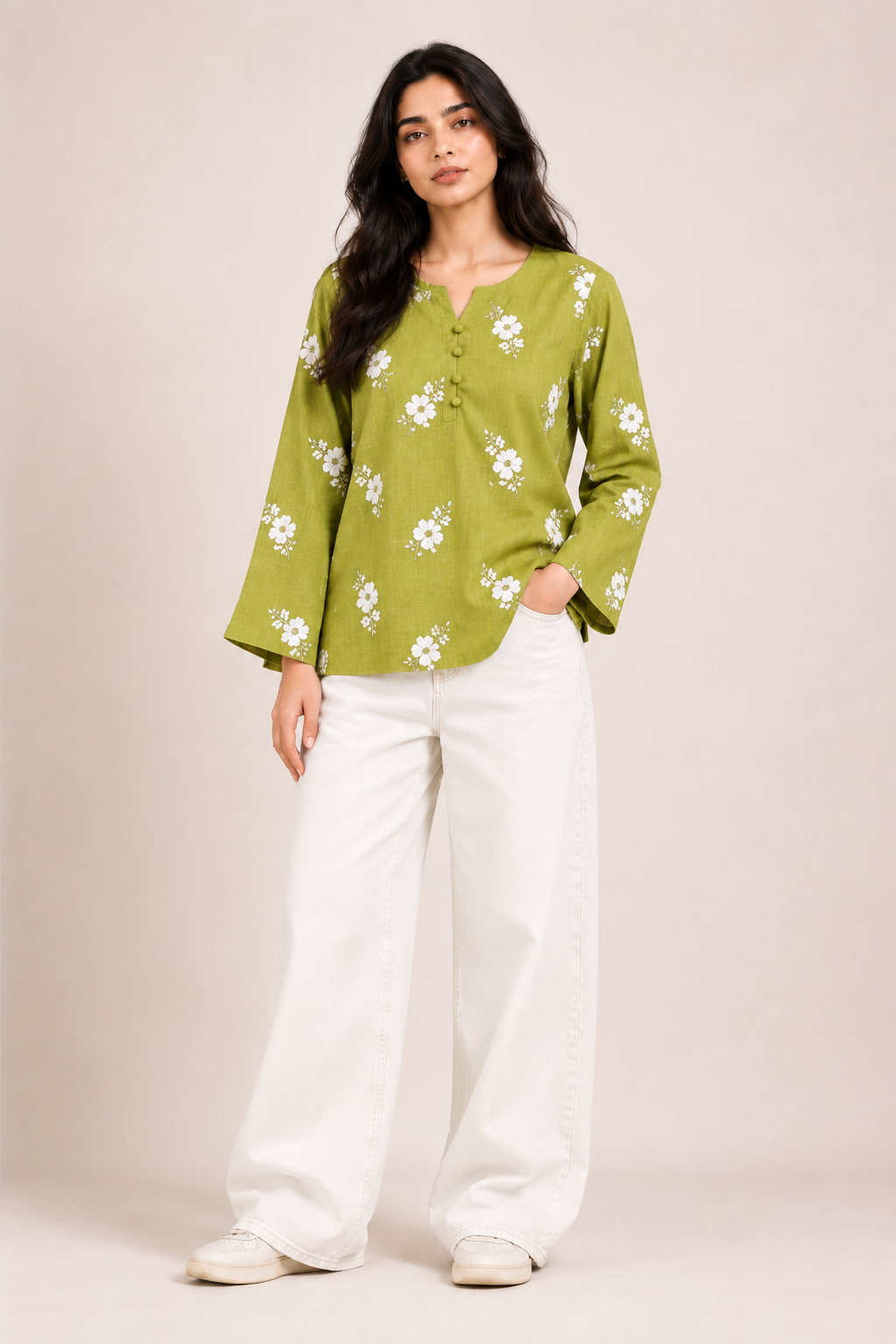 Women’s Olive Green Floral Work Kurti D86