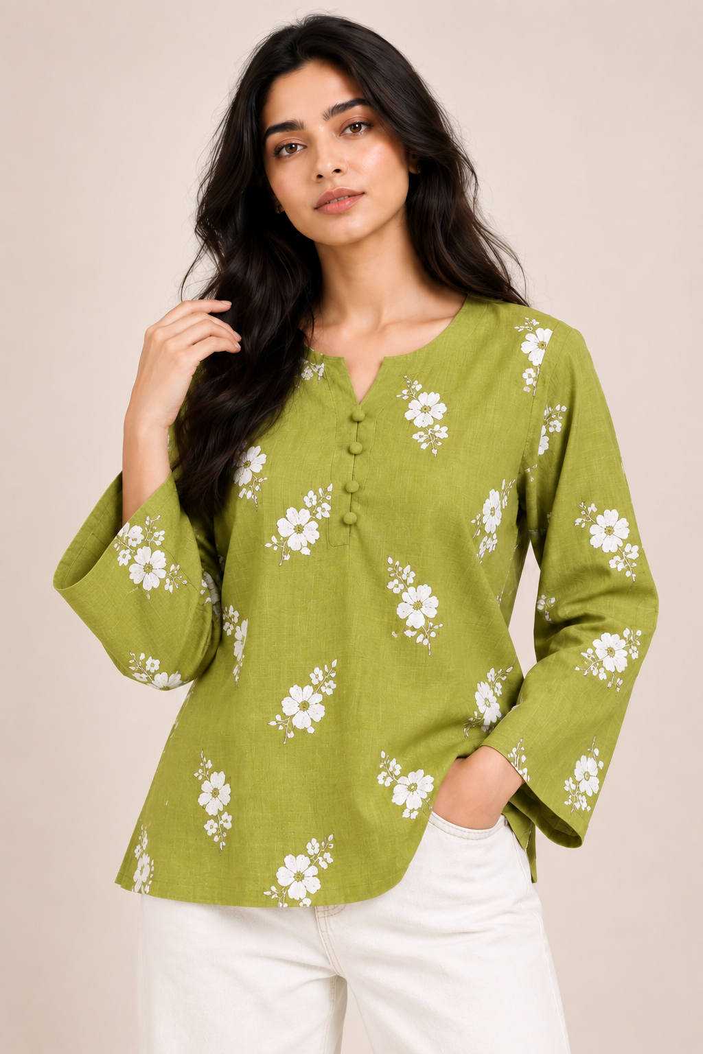 Women’s Olive Green Floral Work Kurti D86