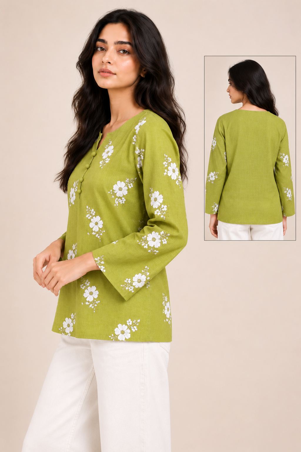 Women’s Olive Green Floral Work Kurti D86