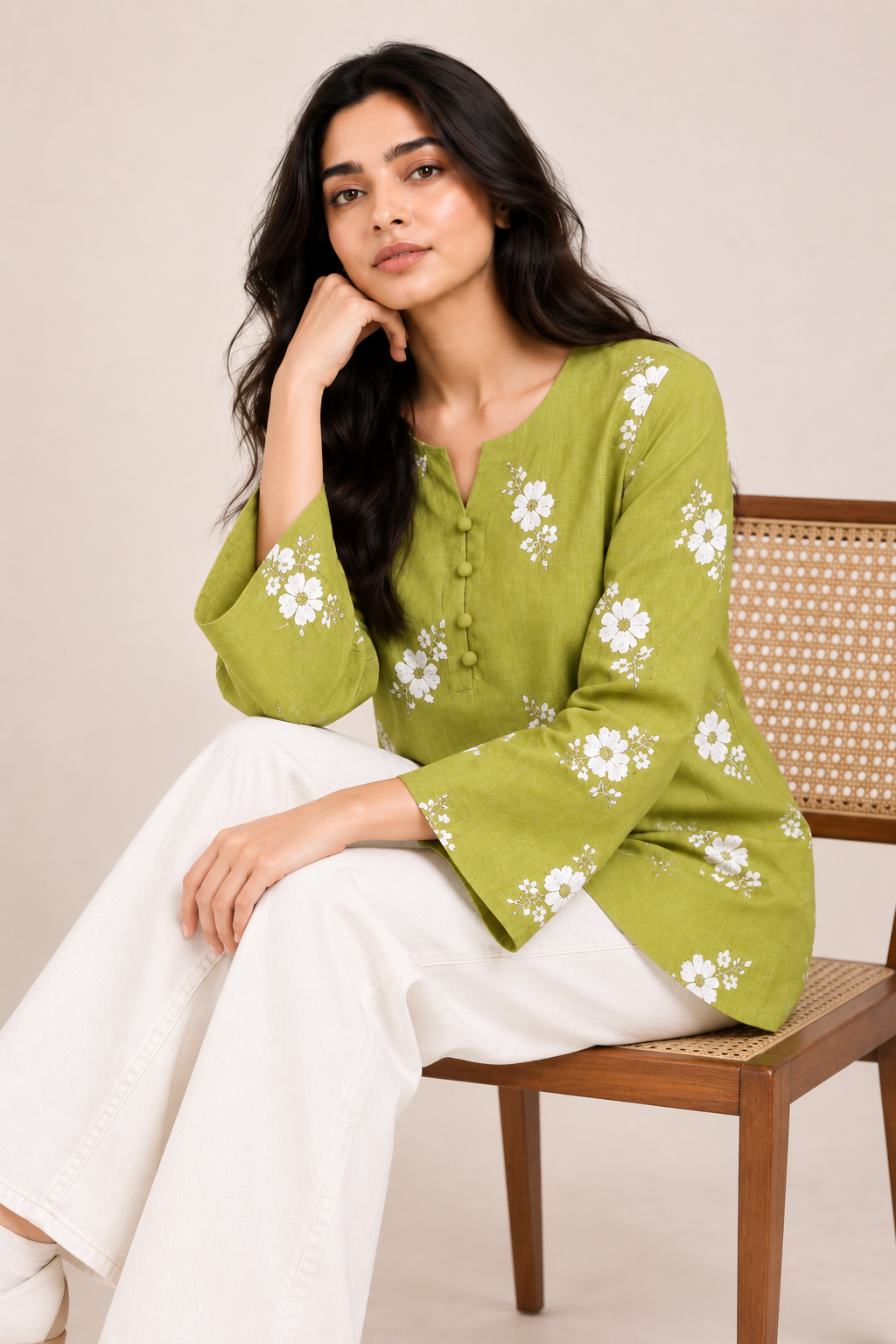 Women’s Olive Green Floral Work Kurti D86