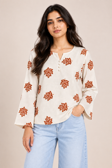 White Floral Printed Round Neck Top D84
