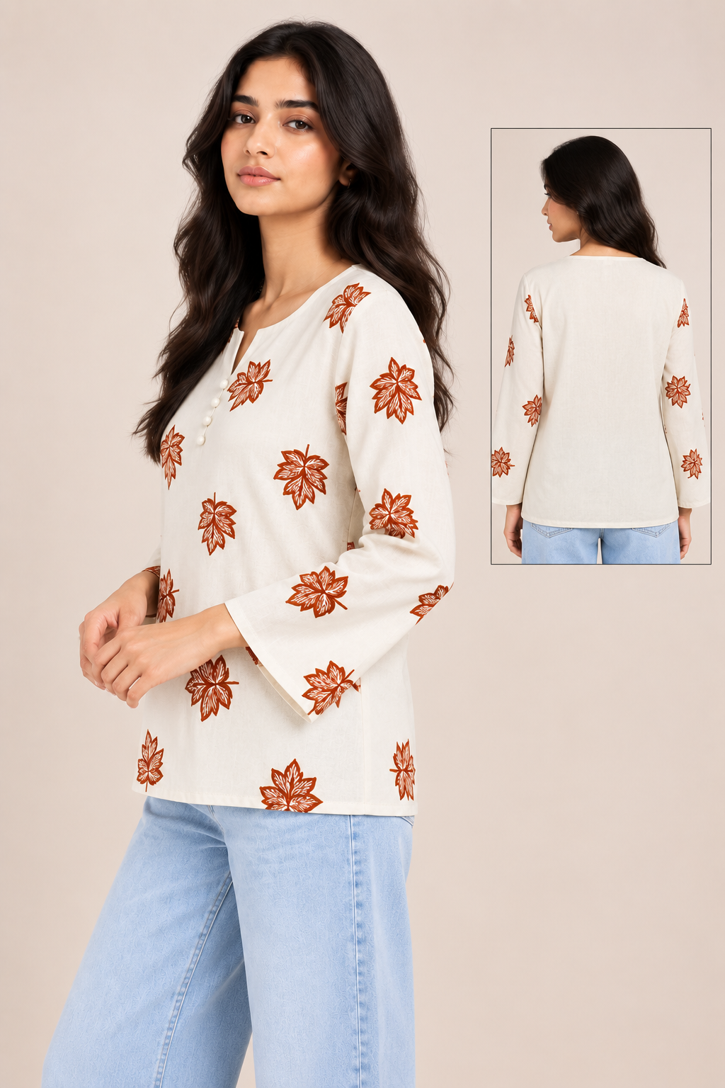 White Floral Printed Round Neck Top D84
