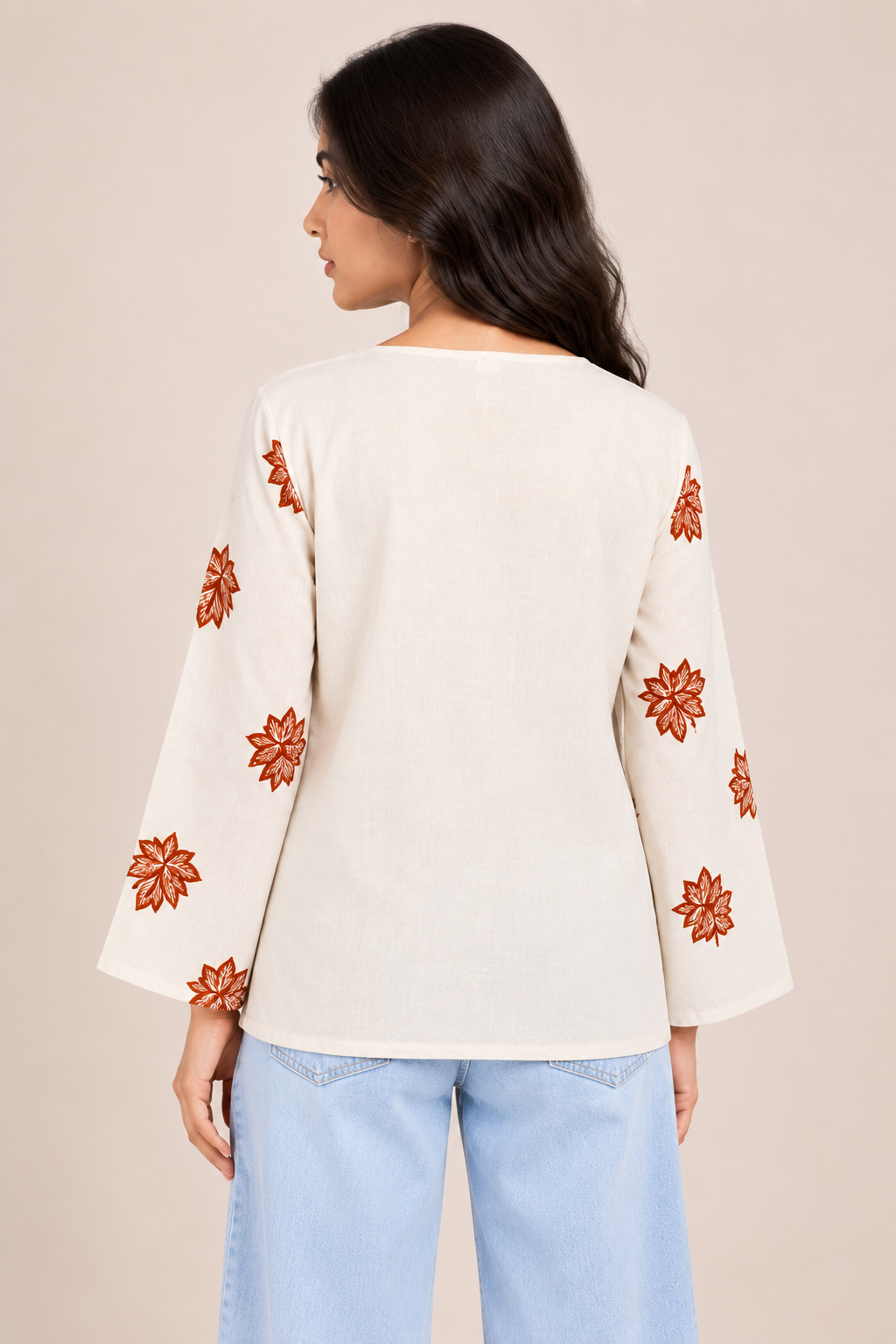White Floral Printed Round Neck Top D84