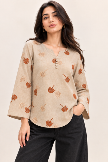 Women’s Beige Floral Embroidery Casual Kurti D92