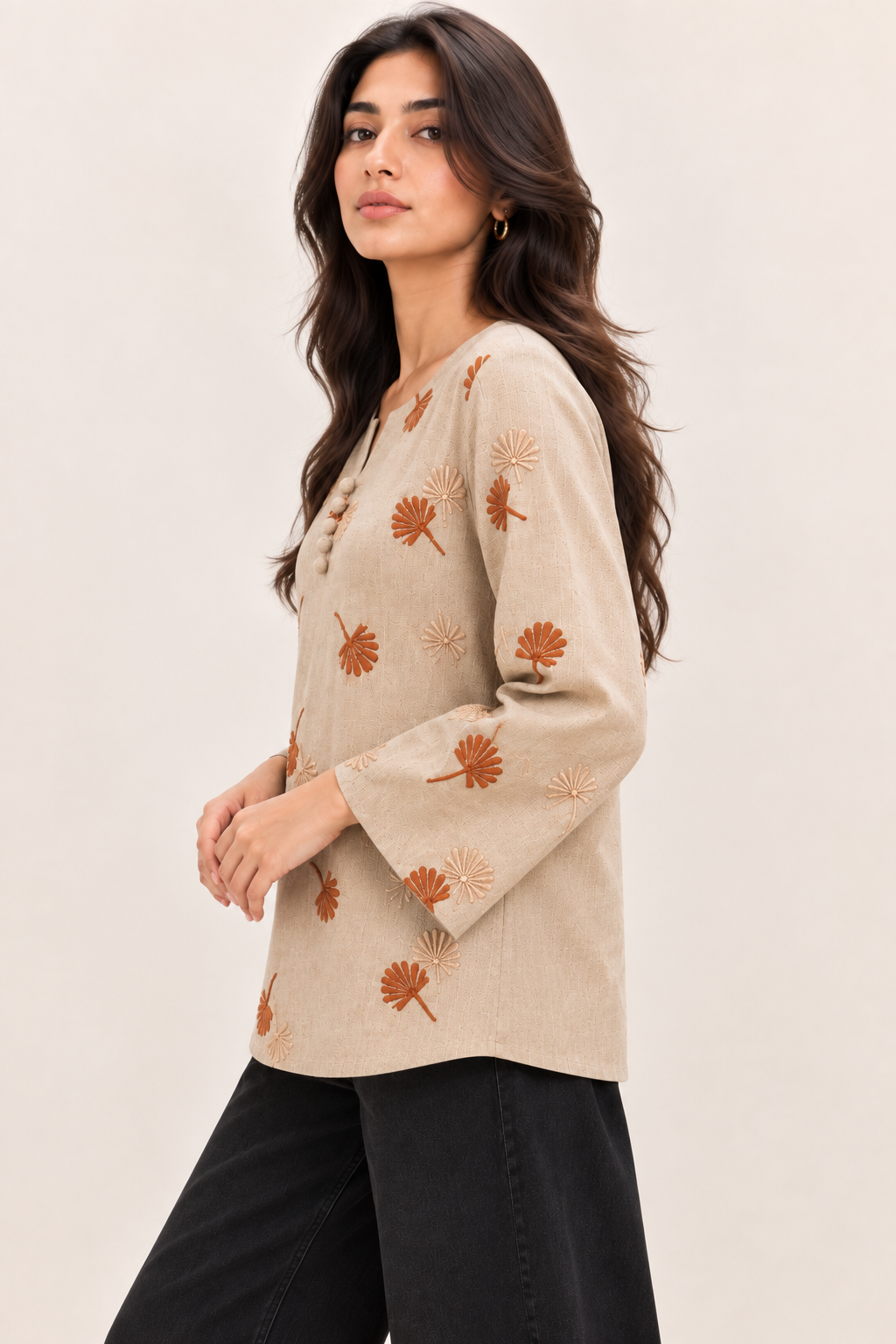 Women’s Beige Floral Embroidery Casual Kurti D92