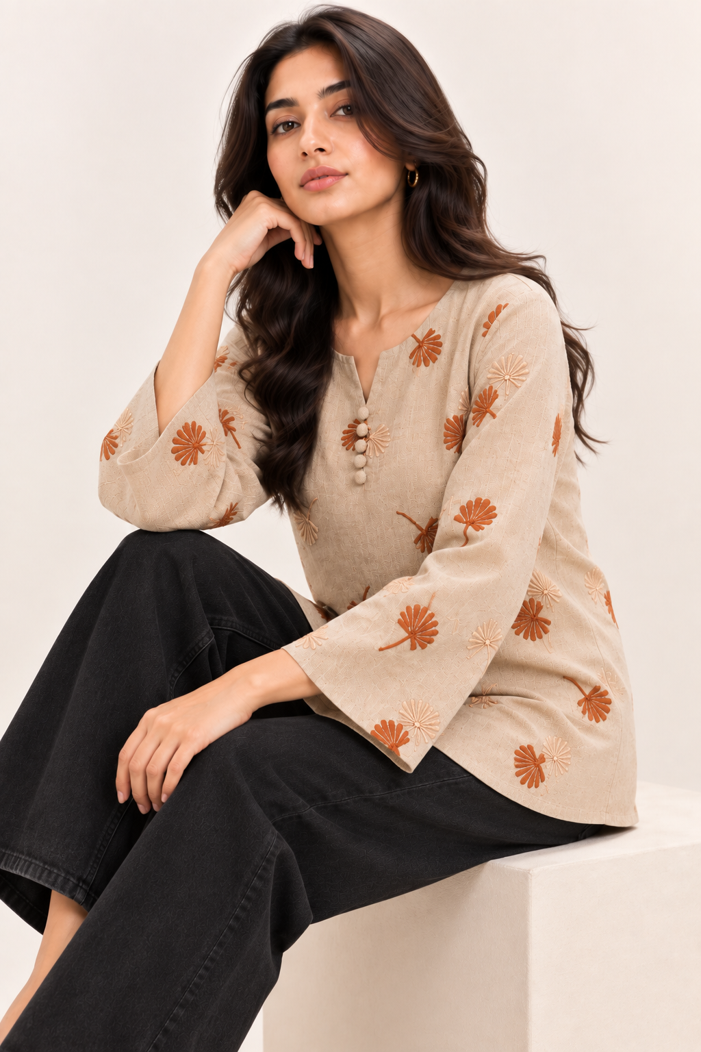 Women’s Beige Floral Embroidery Casual Kurti D92