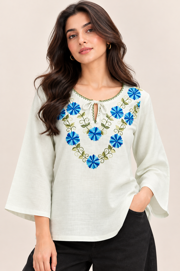 Blue Floral Embroidered Linen Top D104
