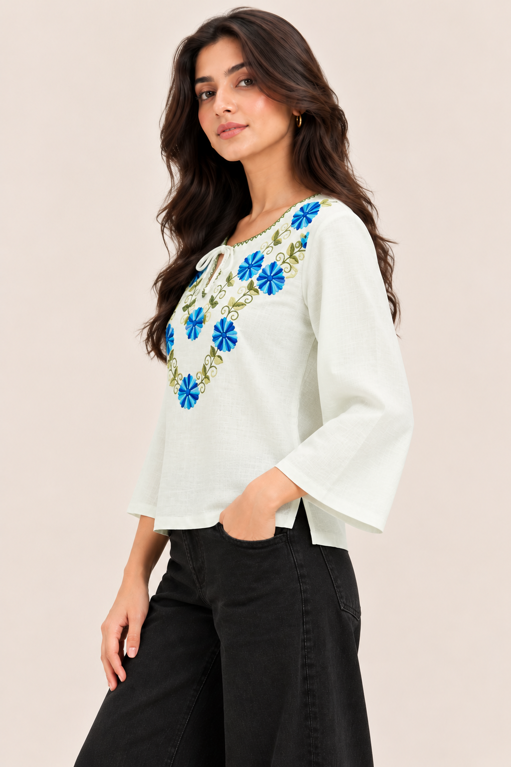 Blue Floral Embroidered Linen Top D104