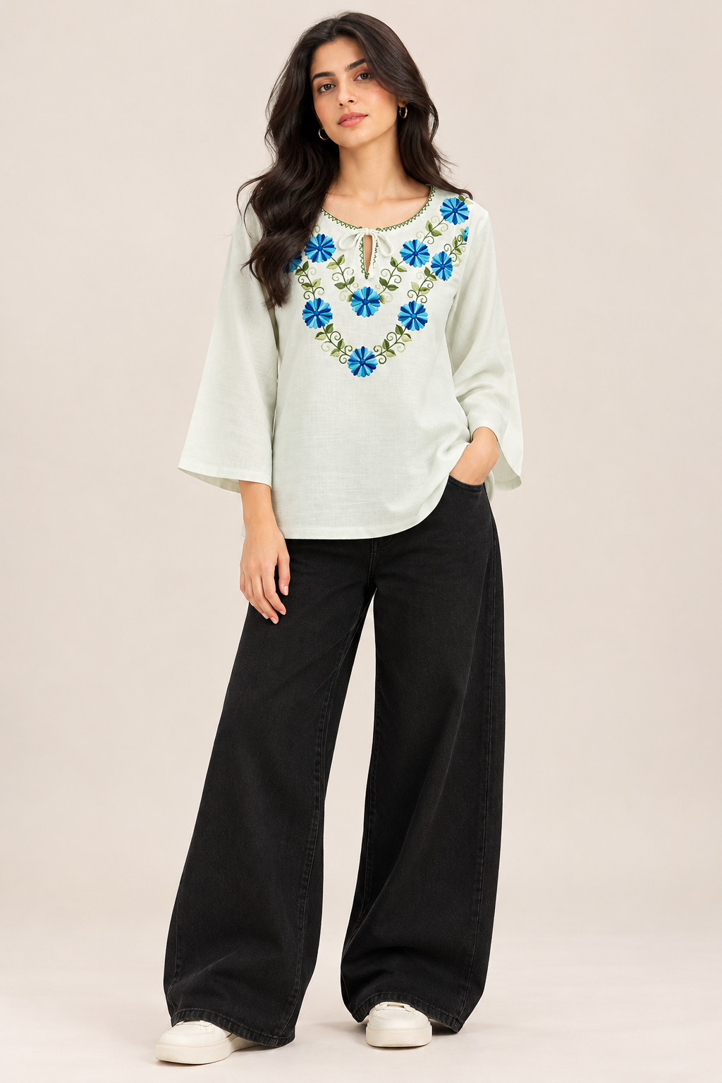 Blue Floral Embroidered Linen Top D104