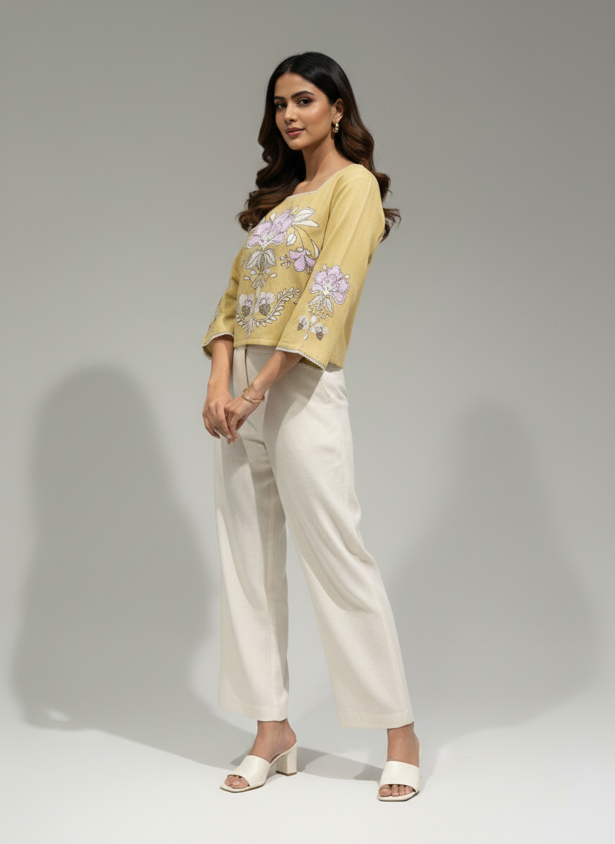 Women’s Printed Square Neck Top with Artistic Floral Design D25