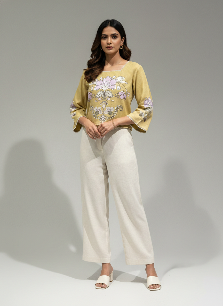 Women’s Printed Square Neck Top with Artistic Floral Design D25
