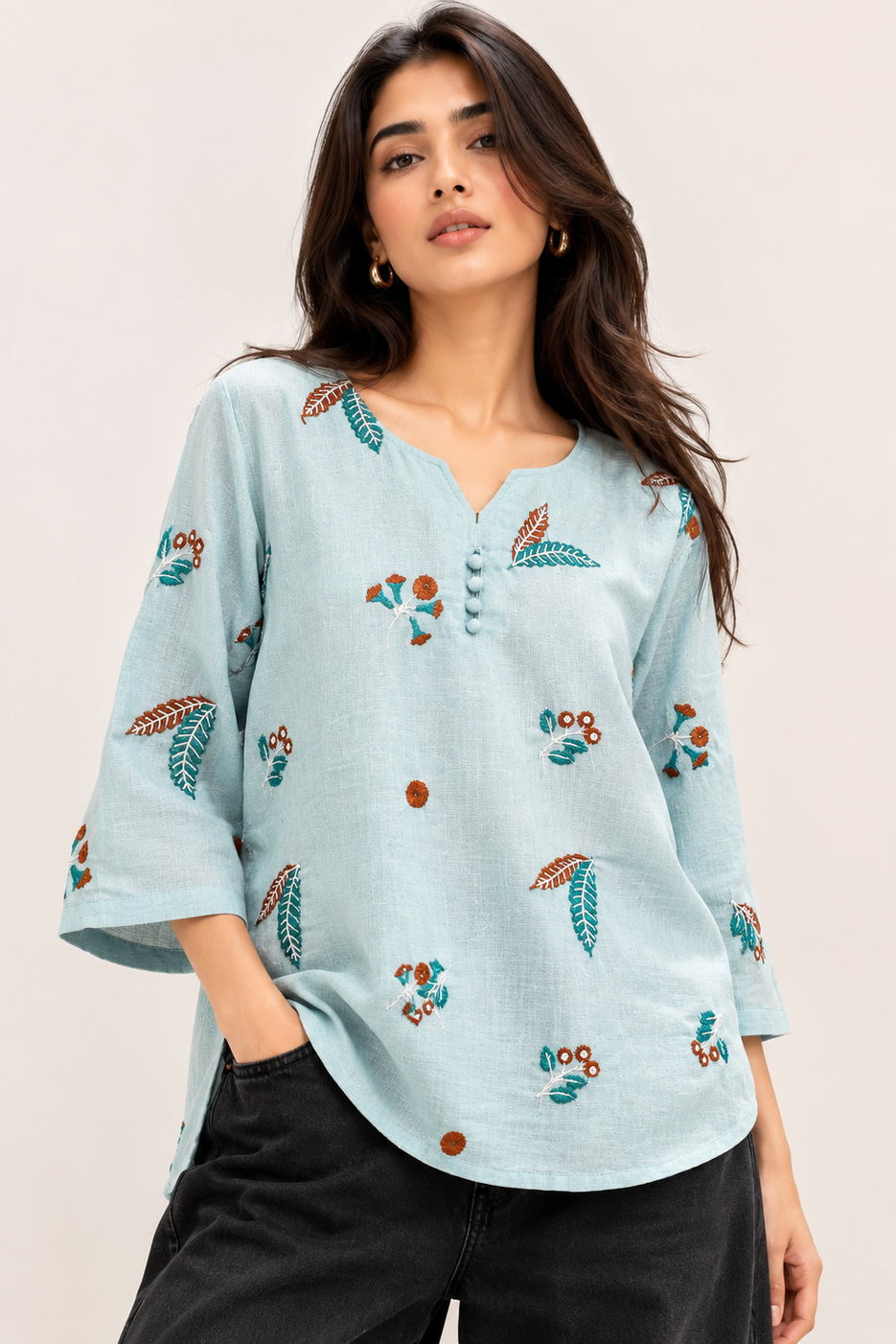 Sky Blue Embroidered Casual Cotton Top for Women D76