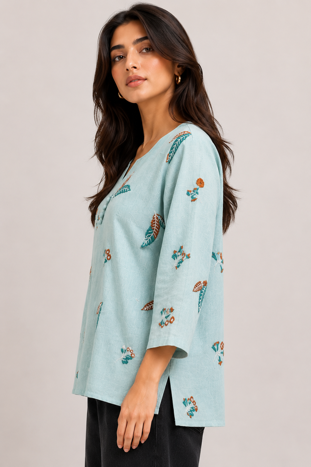 Sky Blue Embroidered Casual Cotton Top for Women D76