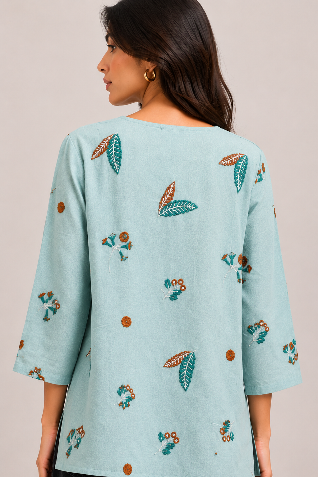 Sky Blue Embroidered Casual Cotton Top for Women D76