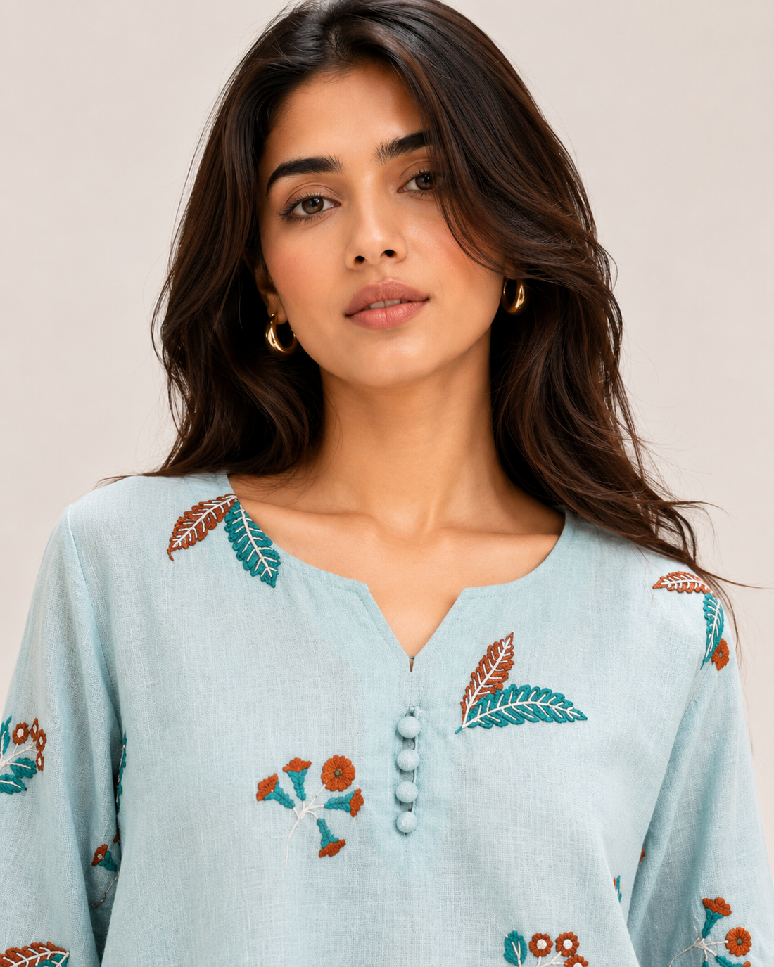 Sky Blue Embroidered Casual Cotton Top for Women D76