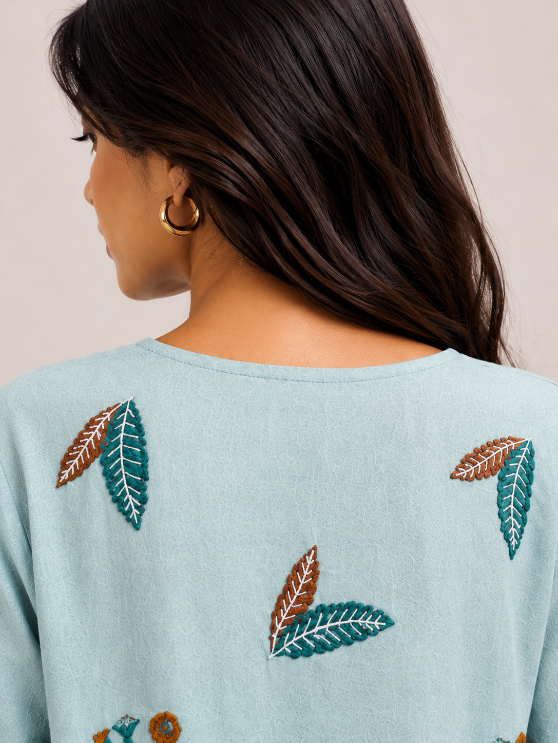 Sky Blue Embroidered Casual Cotton Top for Women D76