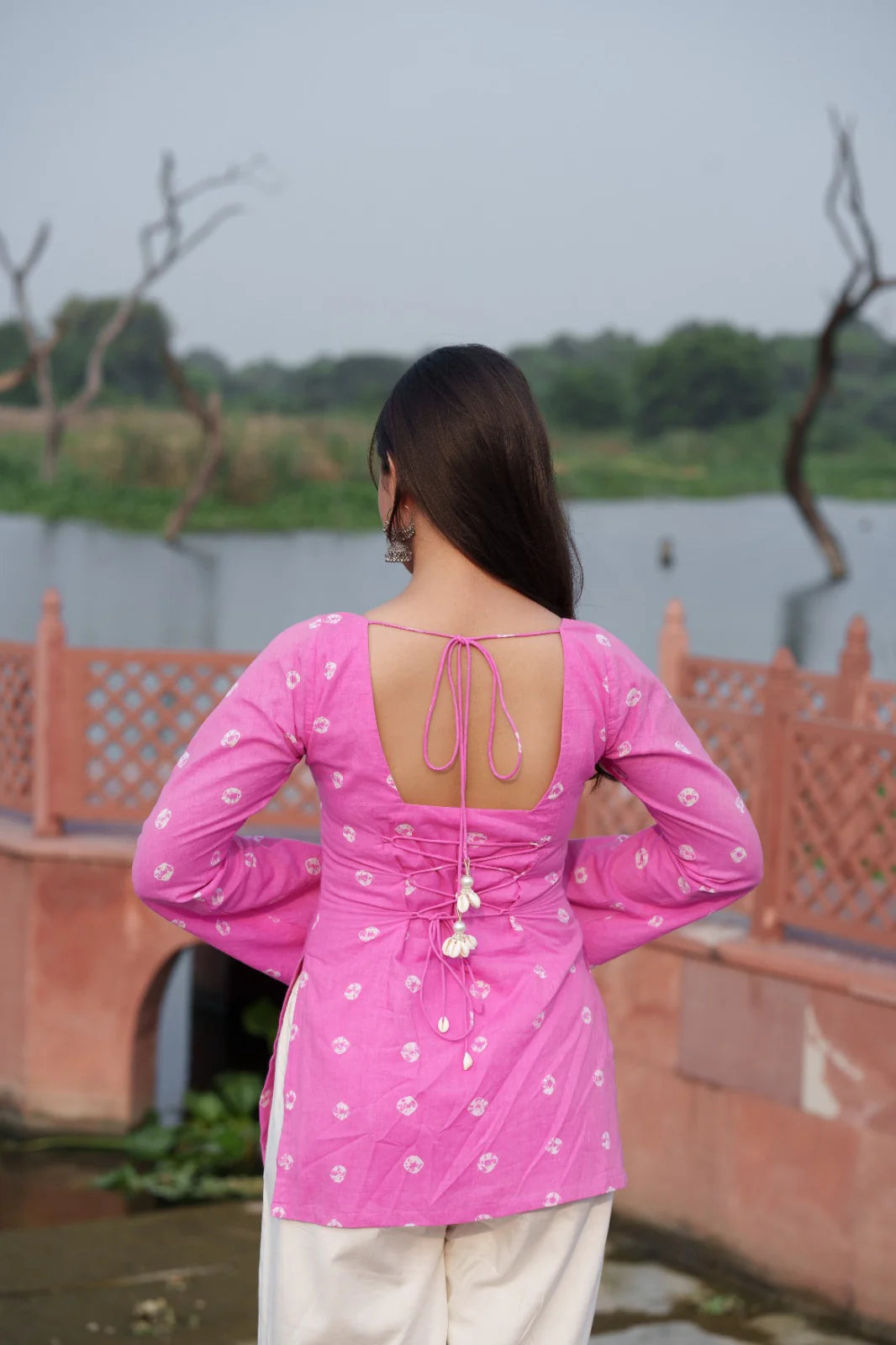 Women's Festive Pink Ethnic Kurti with White Print D77