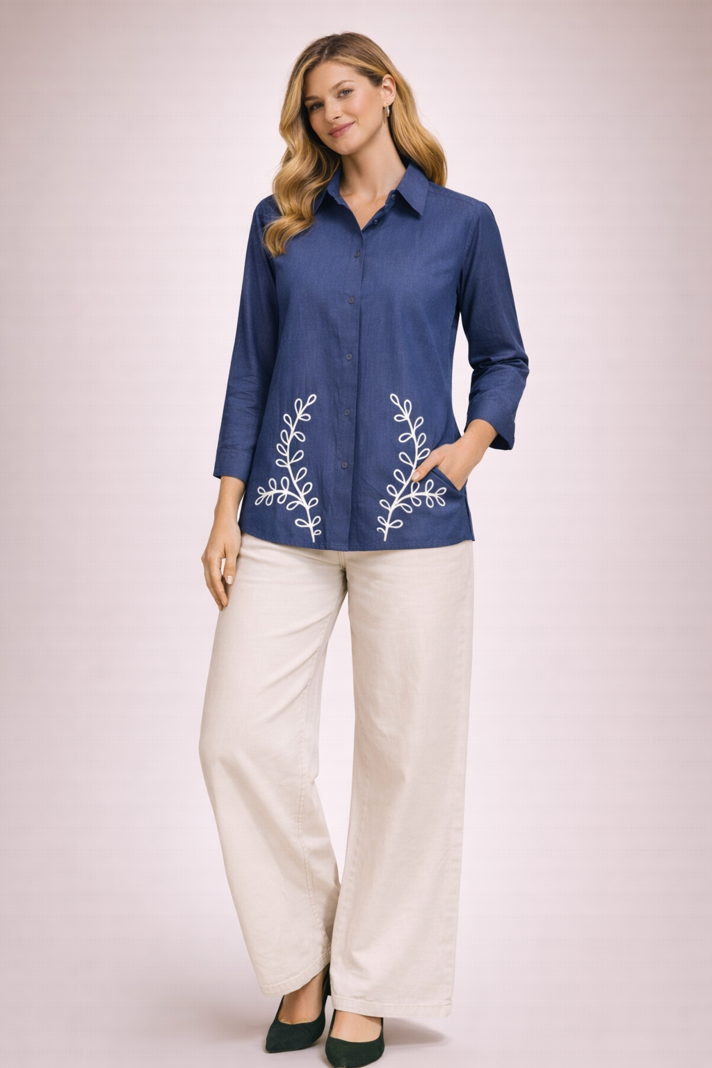 Blue Vertical Silk Embroidered Collared Shirt Top for Women D27