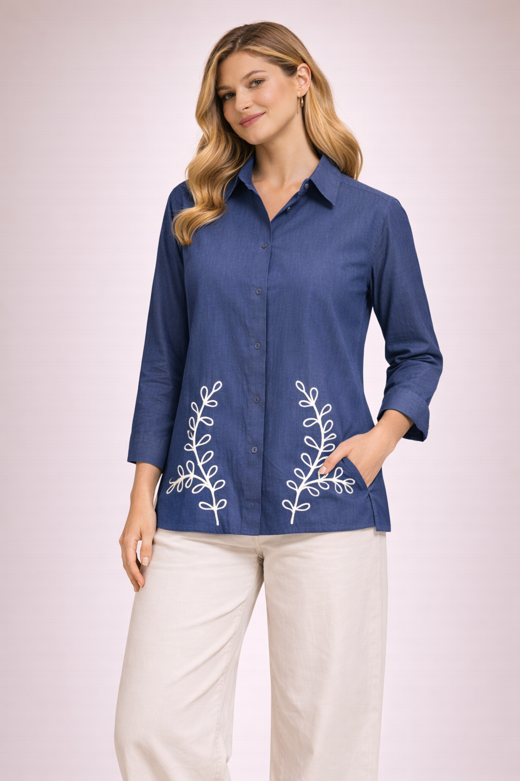 Blue Vertical Silk Embroidered Collared Shirt Top for Women D27