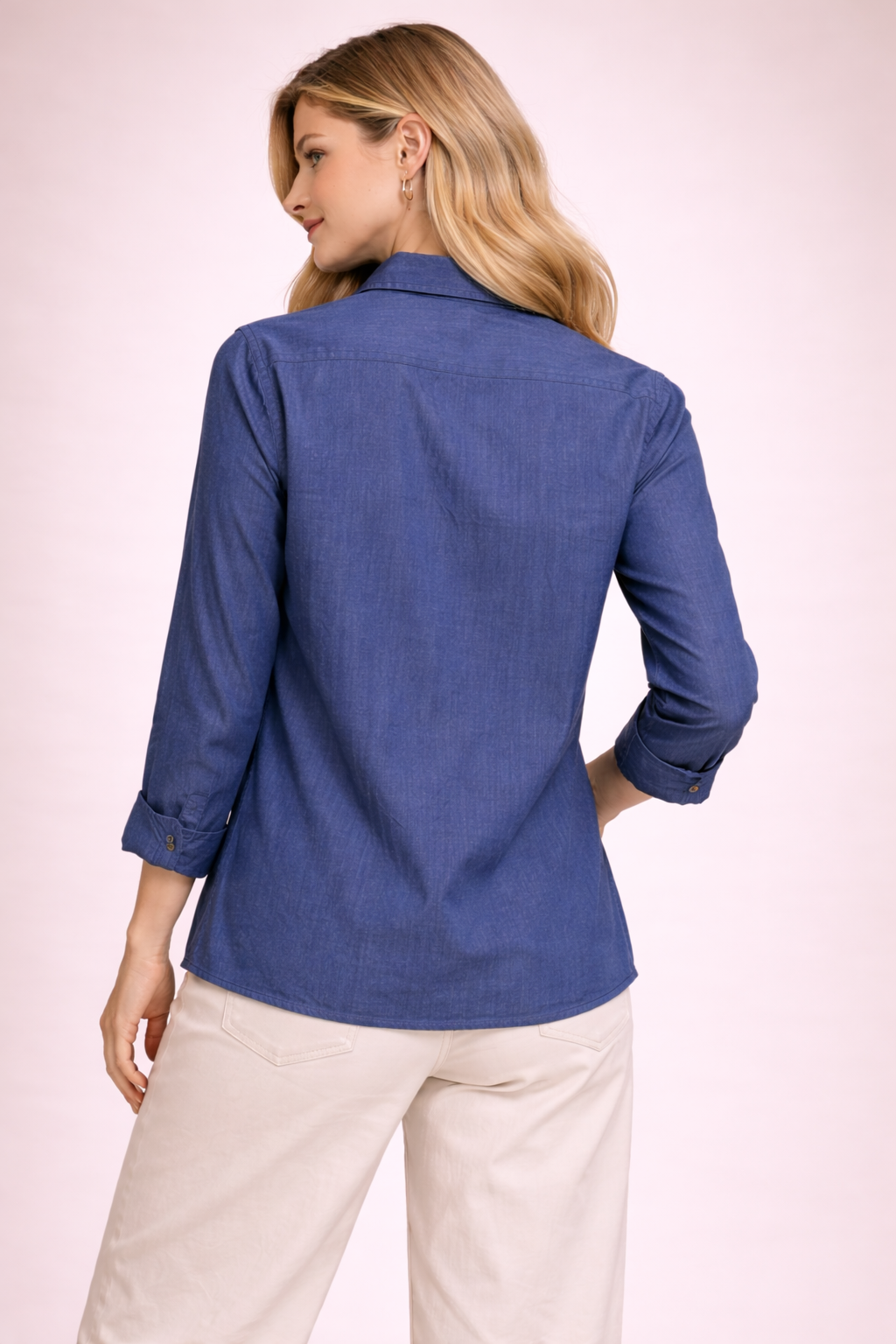 Blue Vertical Silk Embroidered Collared Shirt Top for Women D27