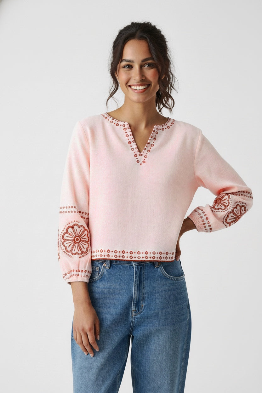 Blush Pink Printed Top with Decorative Border Print D10