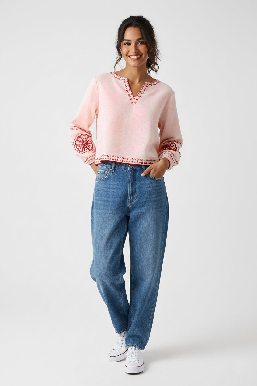 Blush Pink Printed Top with Decorative Border Print D10