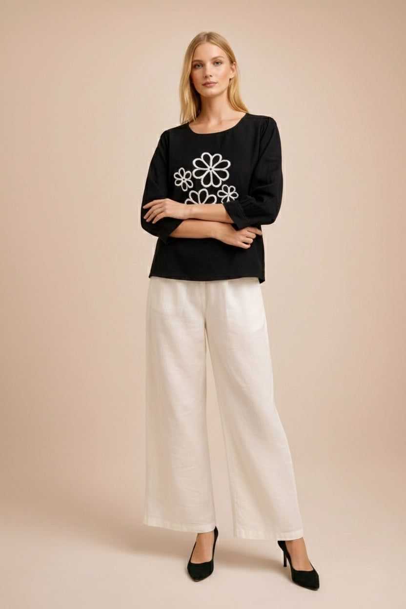 Chic Black Embroidered Top with Minimal Floral Work D11