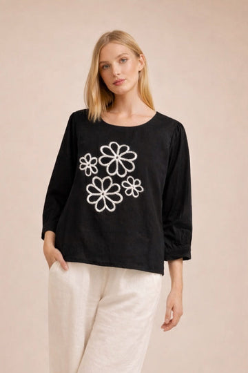 Chic Black Embroidered Top with Minimal Floral Work D11