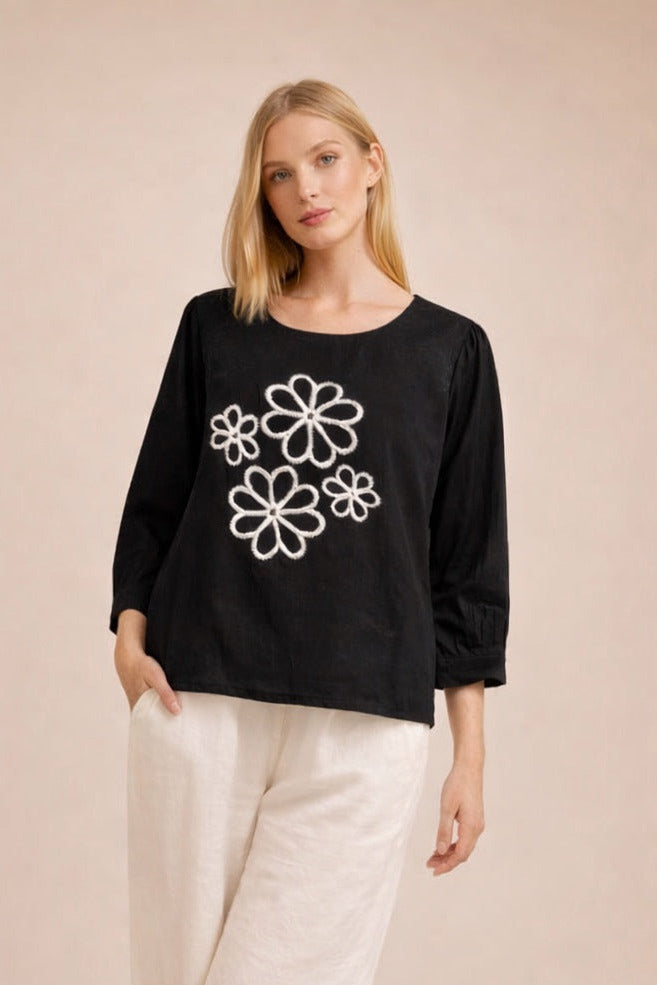 Chic Black Embroidered Top with Minimal Floral Work D11