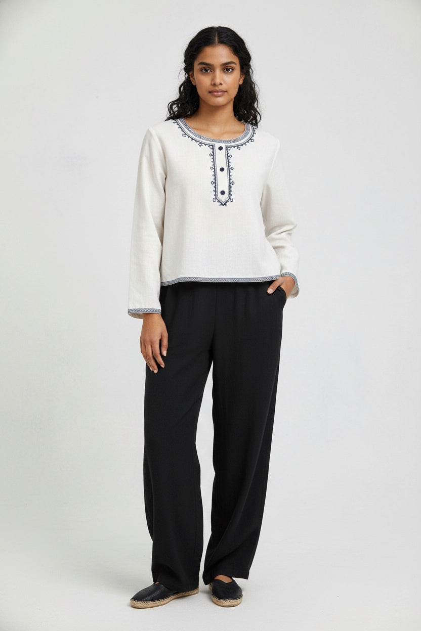 Classic Embroidered Neck Top with Timeless Appeal D15