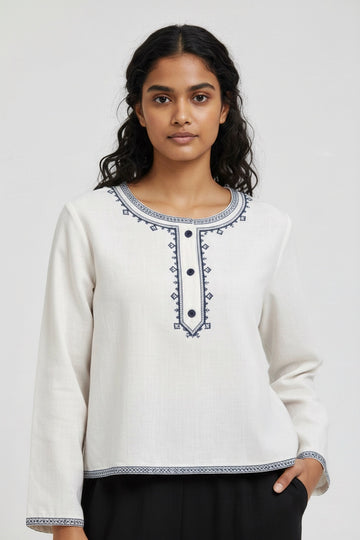 Classic Embroidered Neck Top with Timeless Appeal D15