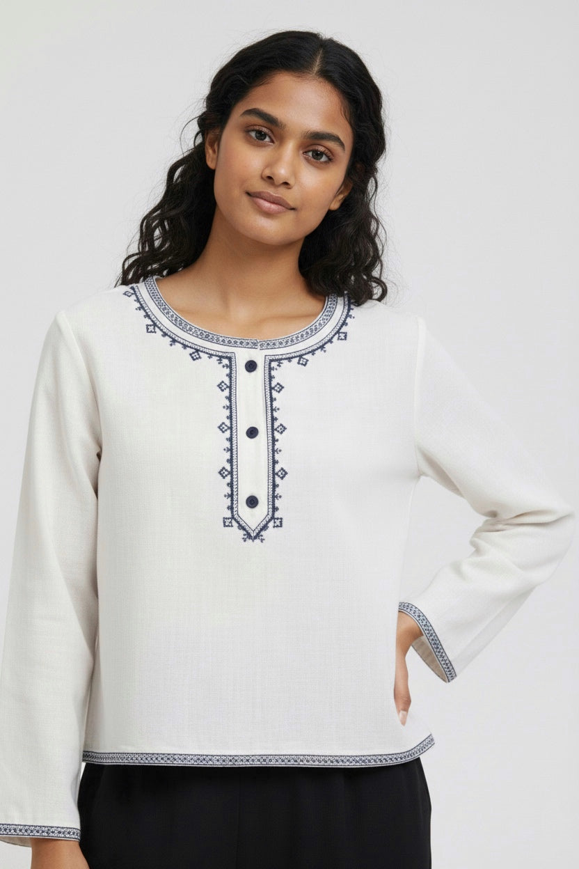 Classic Embroidered Neck Top with Timeless Appeal D15