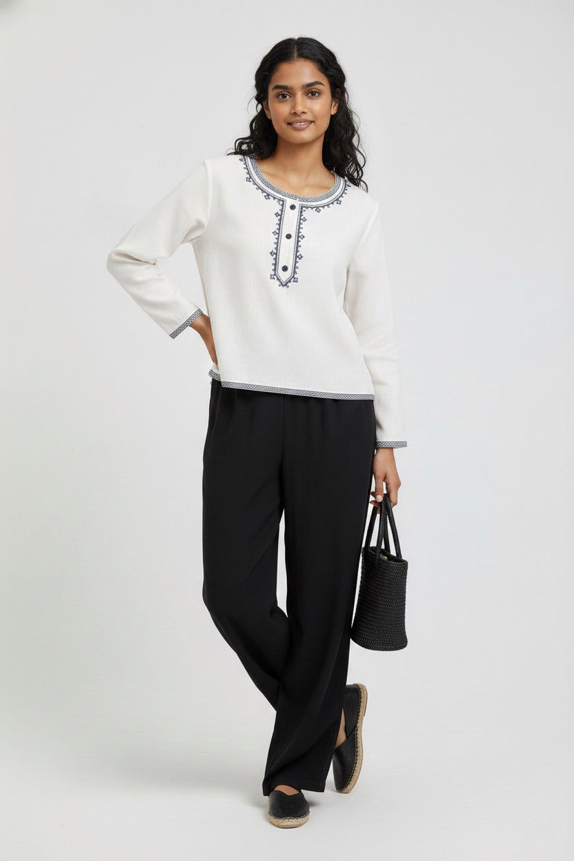 Classic Embroidered Neck Top with Timeless Appeal D15