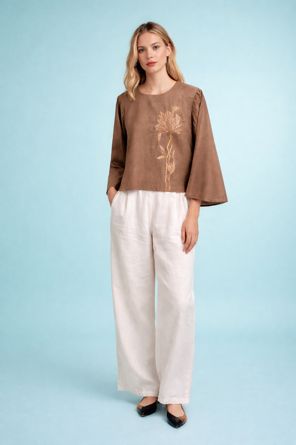 Contemporary Brown Embroidered Top with Leaf-Inspired Motif D14