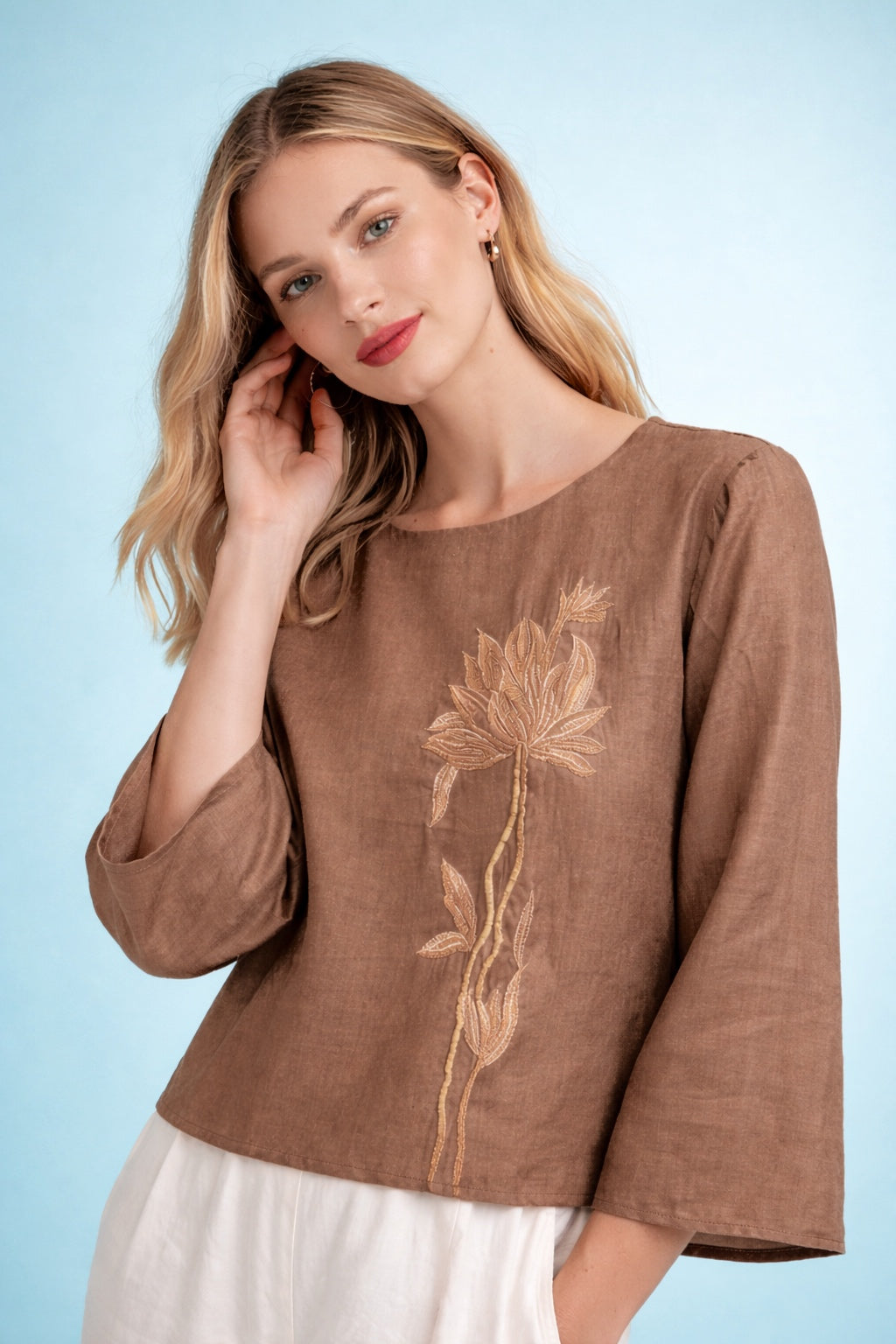 Contemporary Brown Embroidered Top with Leaf-Inspired Motif D14