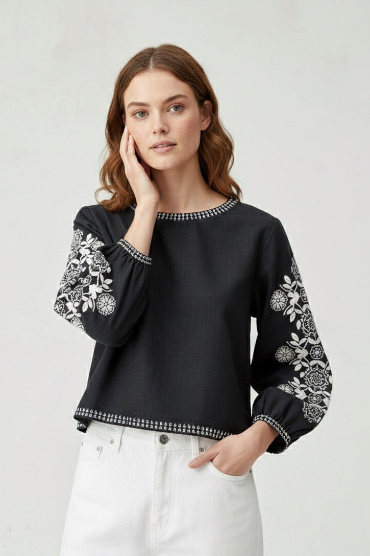 Elegant Black Printed Top with Intricate Floral Accents D7