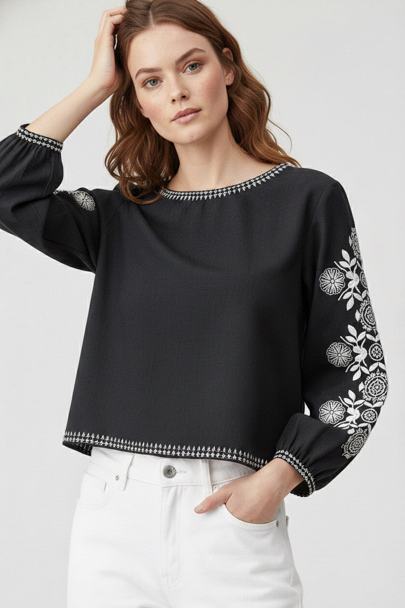 Elegant Black Printed Top with Intricate Floral Accents D7