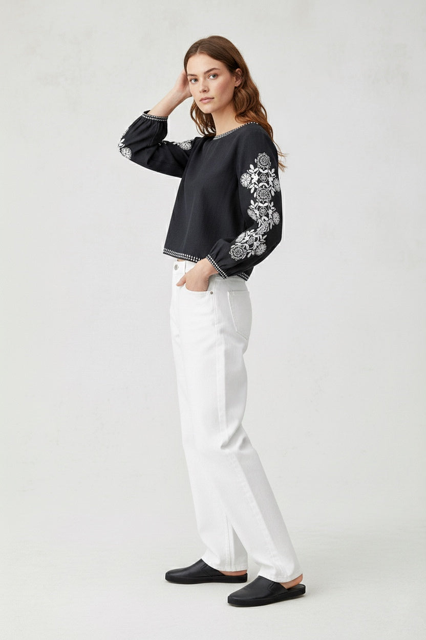 Elegant Black Printed Top with Intricate Floral Accents D7