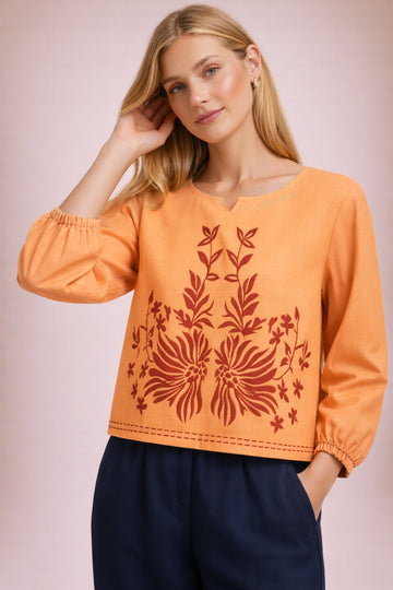 Elegant Peach Fancy Cotton Top with Statement Print D18