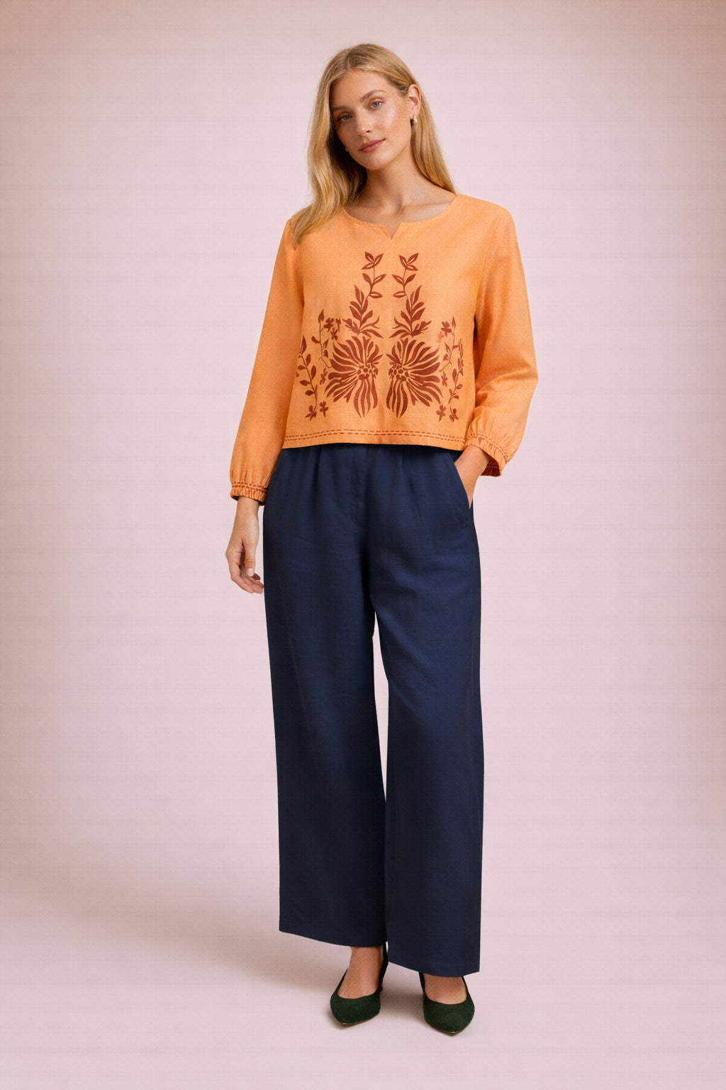Elegant Peach Fancy Cotton Top with Statement Print D18