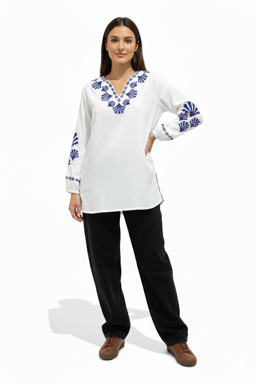 Luxury-Inspired White Top with Graphic Blue Detailing D5