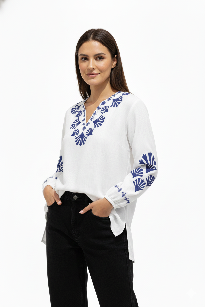 Luxury-Inspired White Top with Graphic Blue Detailing D5