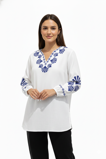 Luxury-Inspired White Top with Graphic Blue Detailing D5