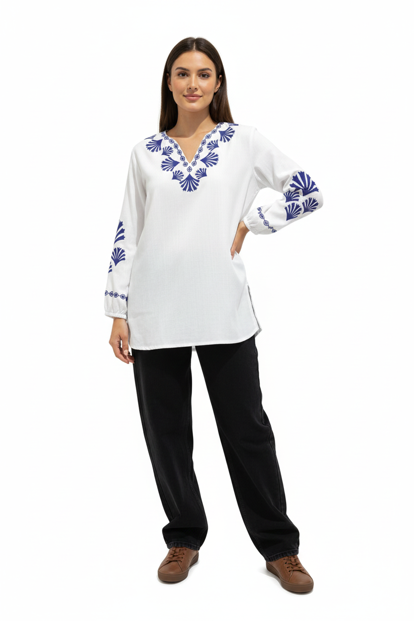 Luxury-Inspired White Top with Graphic Blue Detailing D5