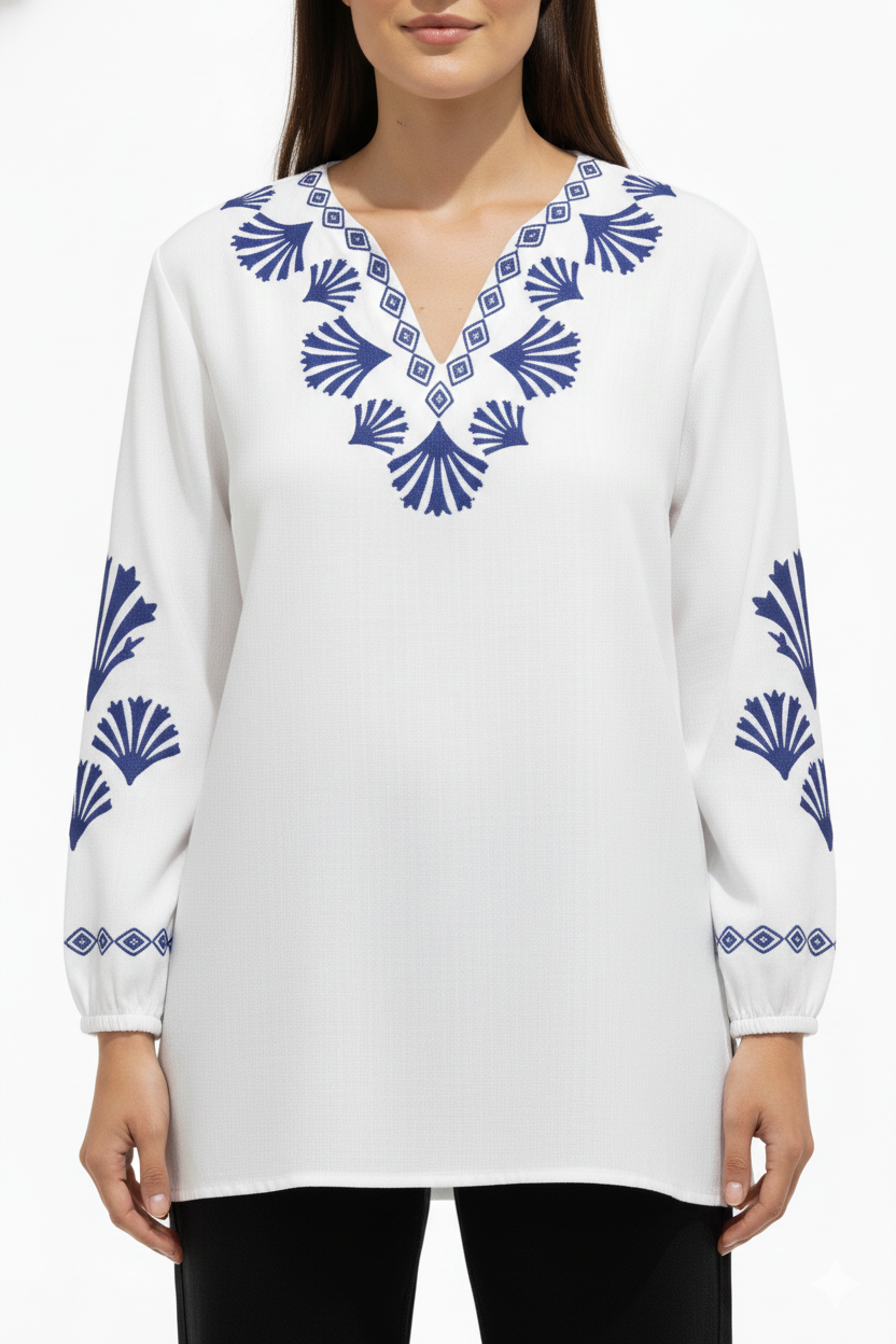 Luxury-Inspired White Top with Graphic Blue Detailing D5