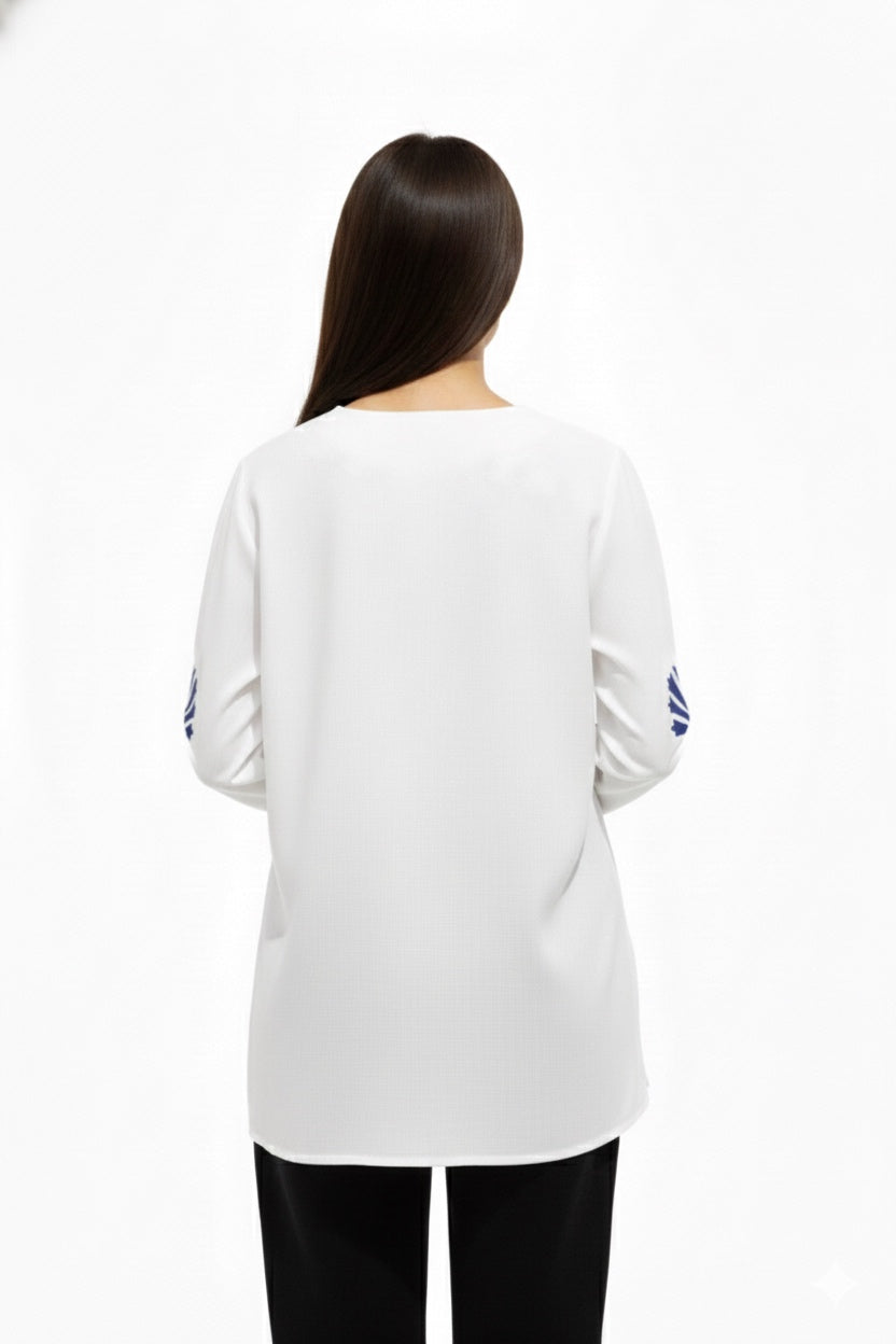 Luxury-Inspired White Top with Graphic Blue Detailing D5